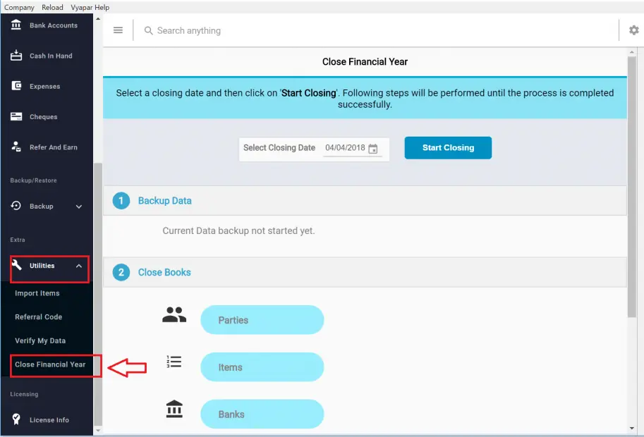 Vyapar Utilities menu with Close Financial Year option