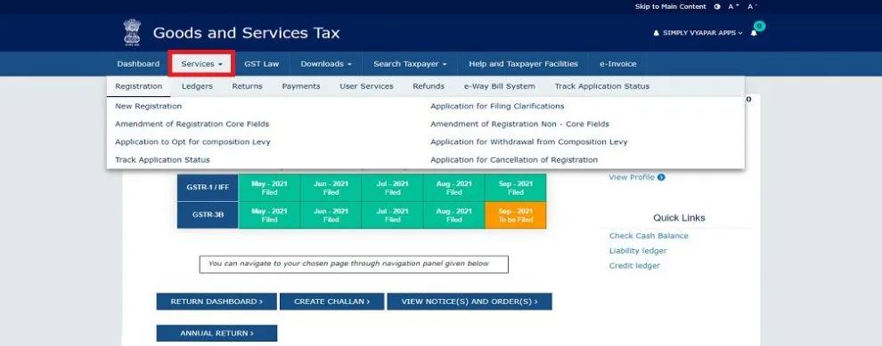 Service menu – GST Registration Cancellation