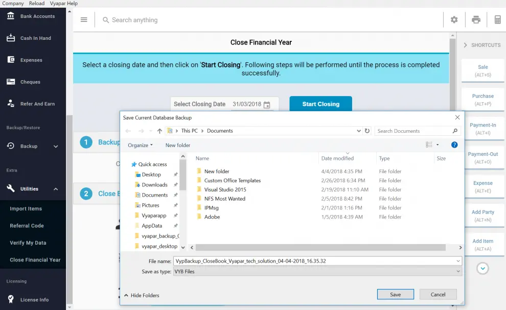 Closing date selection and business data backup