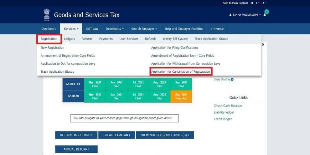 Registration menu – Application for Cancellation of Registration