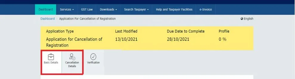 GST cancellation menu showing Basic Information and Cancellation Details sections