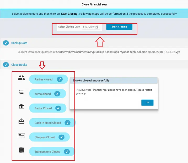 Start Closing button to close the financial year