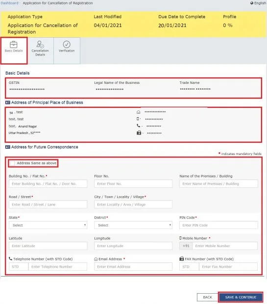 Basic details, principal business address, and correspondence address fields