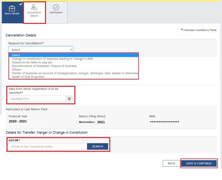 GST cancellation details section