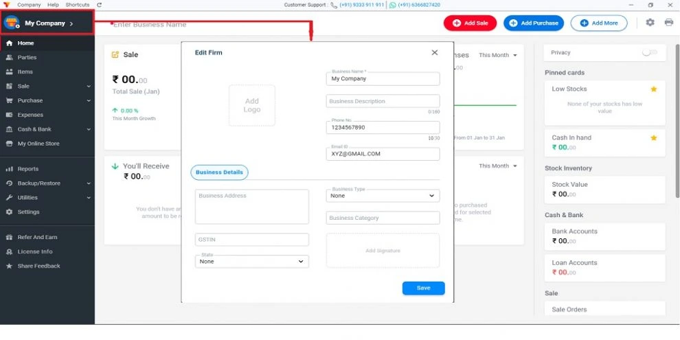 My Company section for adding company details and business information