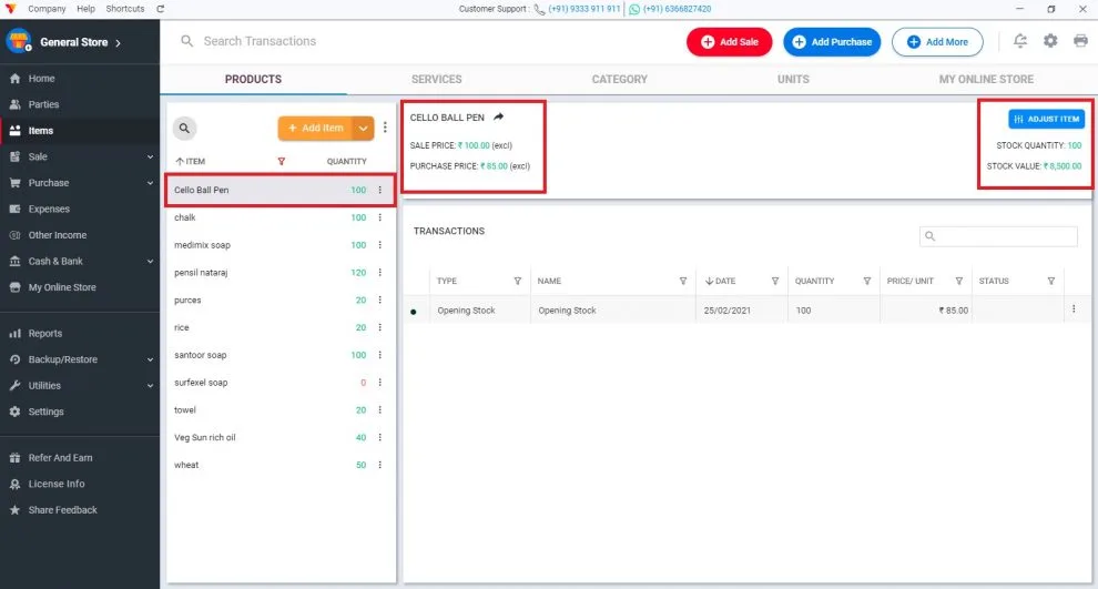 Demo items list showing sale price, purchase price, stock quantity, stock value, and item-wise transactions.