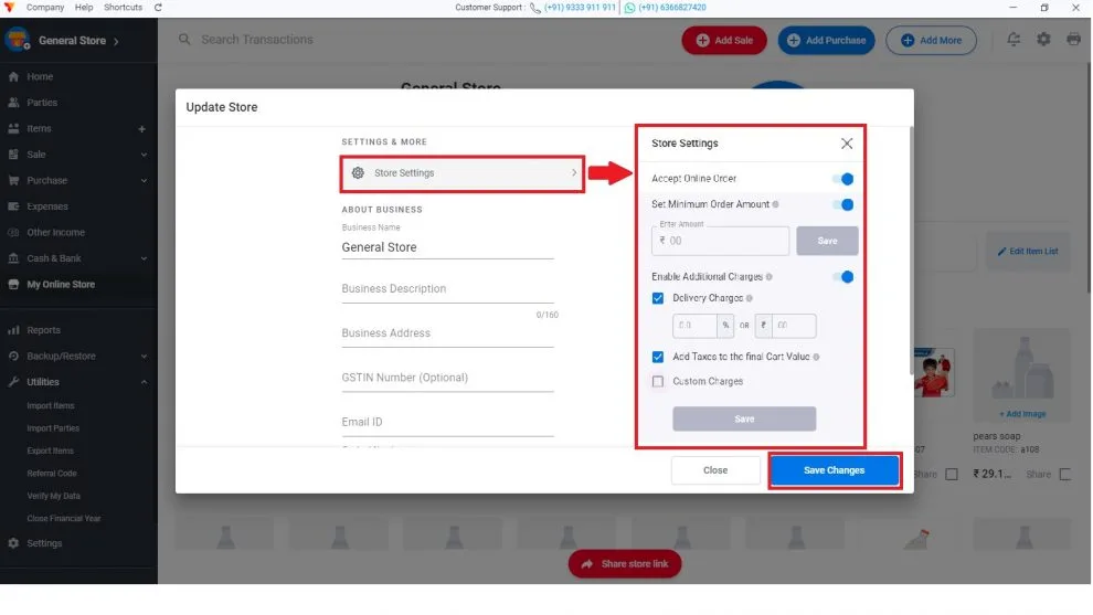 Edit your online store settings to accept orders, set minimum order amounts, and enable additional charges.