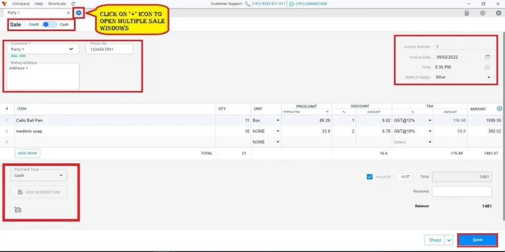 Select the items, add tax details, enter the required information, and click “Save.”