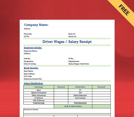 Driver Salary Receipt Format Free Download