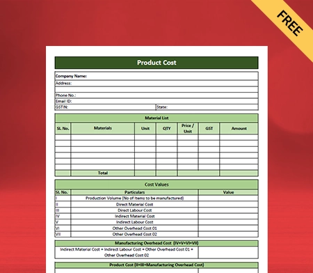 Download Product Costing Format in Pdf
