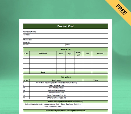 Download Product Costing Format in Sheet