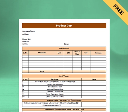 Download Free Product Costing Format in Sheet