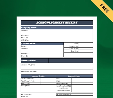 Download Free Acknowledgement Receipt Format in Excel