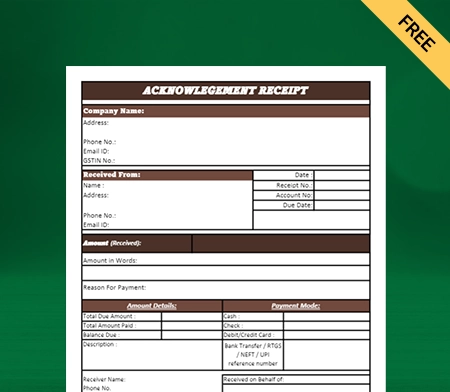 Download Professional Acknowledgement Receipt Format in Excel
