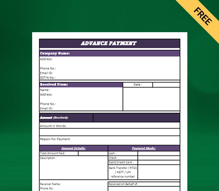 Download Free Advance Payment Format in Excel