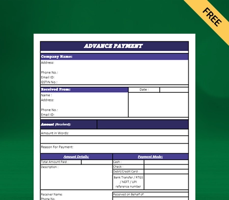 Download Professional Advance Payment Format in Excel