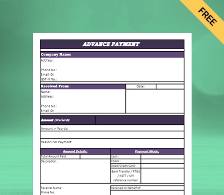 Download Free Advance Payment Format in Sheet
