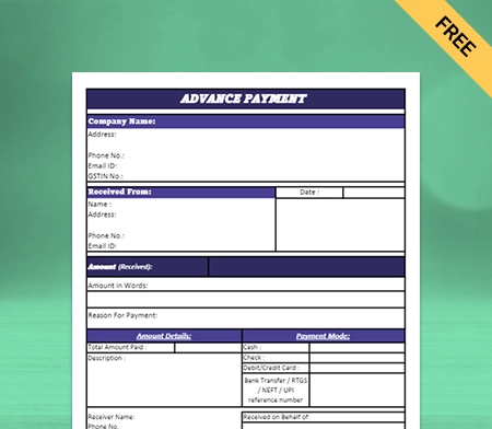 Download Customizable Advance Payment Format in Sheet