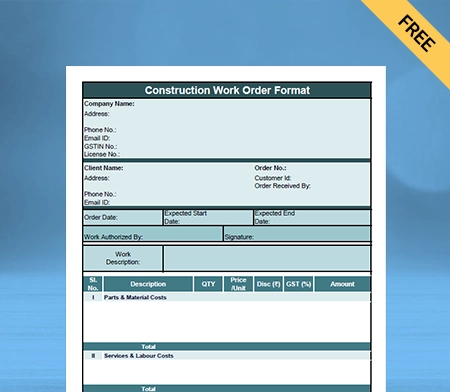Download Construction Work Order Format in Doc