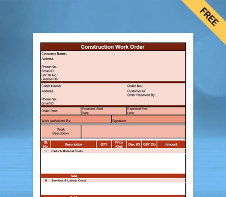 Download Best Construction Work Order Format in Doc