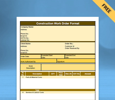 Download Customizable Construction Work Order Format in Doc