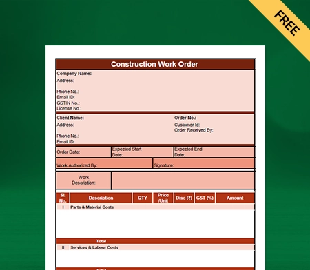 Download Best Construction Work Order Format in Excel
