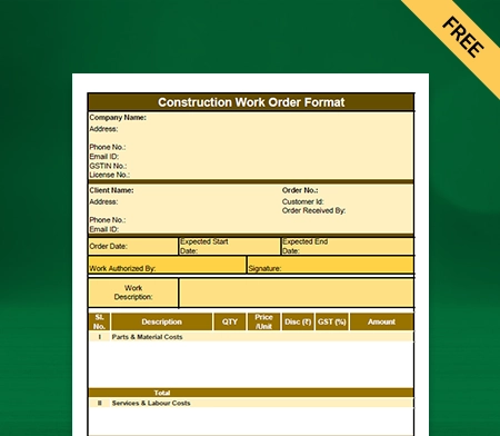 Download Construction Work Order Format in Excel