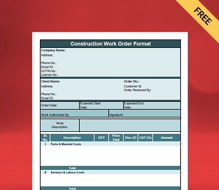 Download Construction Work Order Format in Pdf