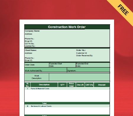 Download Free Construction Work Order Format in Pdf