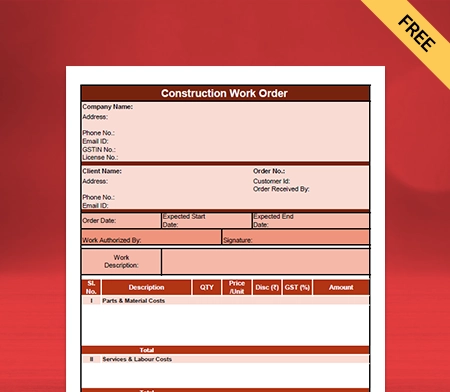 Download Best Construction Work Order Format in Pdf