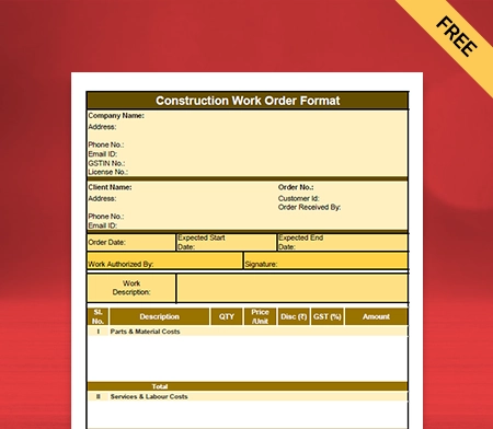 Download Customizable Construction Work Order Format in Pdf