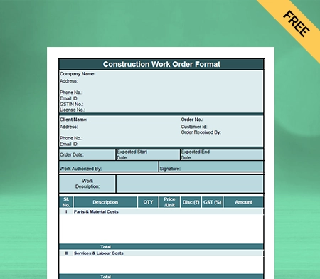 Download Construction Work Order Format in Sheet