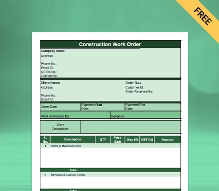 Download Free Construction Work Order Format in Sheet