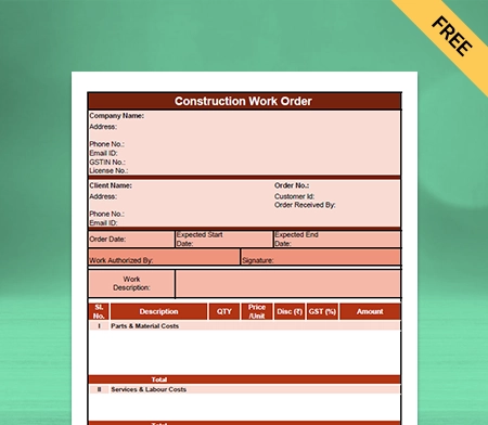 Download Best Construction Work Order Format in Sheet