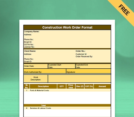 Download Customizable Construction Work Order Format in Sheet