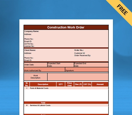 Download Best Construction Work Order Format in Word