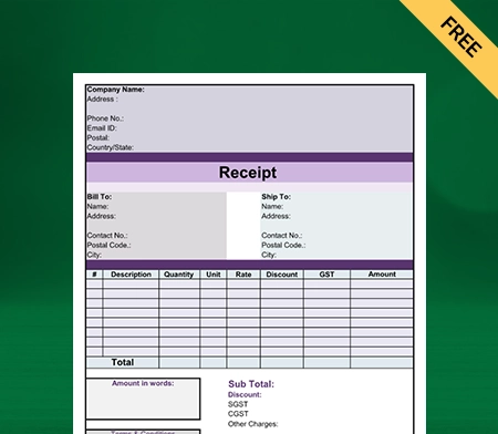 Download Contractor Receipt Template in Excel