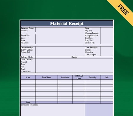 Download Professional Material Receipt Format in Excel
