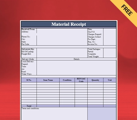 Download Professional Material Receipt Format in Pdf