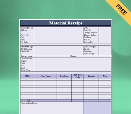 Download Professional Material Receipt Format in Sheet