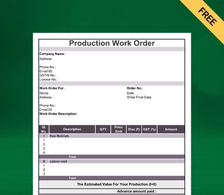 Download Product Work Order Format in Excel