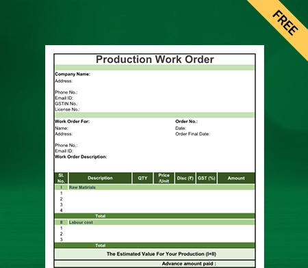 Free Download Product Work Order Format in Excel