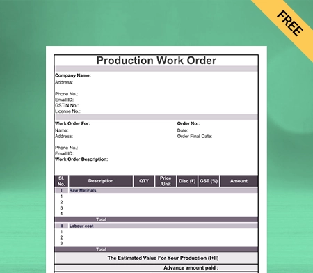 Download Product Work Order Format in Sheet