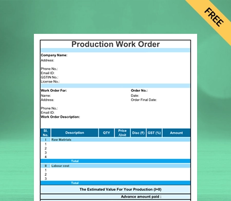 Download Professional Product Work Order Format in Sheet
