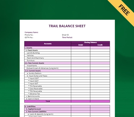 Download Free Trial Balance Sheet Format in Excel