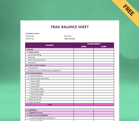 Download Free Trial Balance Sheet Format in Sheet