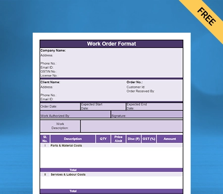 Work Order Format : Excel, PDF, Word - Free Download