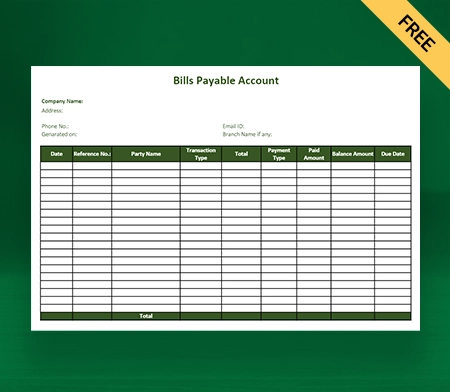 Download Bills Payable Account Format in Excel