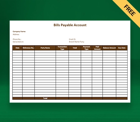 Download Free Bills Payable Account Format in Excel
