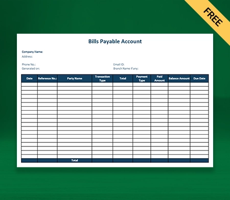 Download Best Bills Payable Account Format in Excel